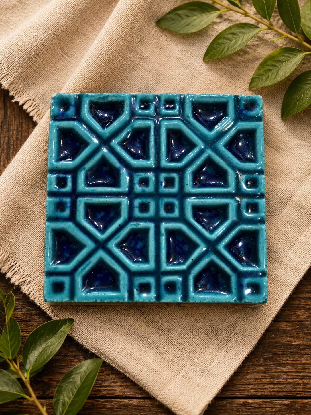 Turquoise Carved Geometric Relief Tile