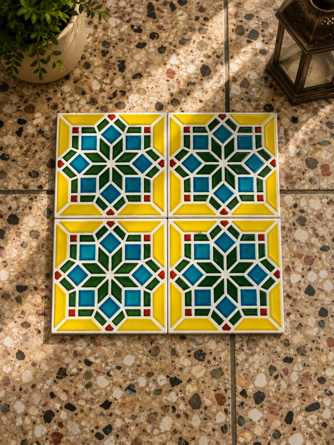 Yellow & Turquoise Star Pattern Floor Tiles