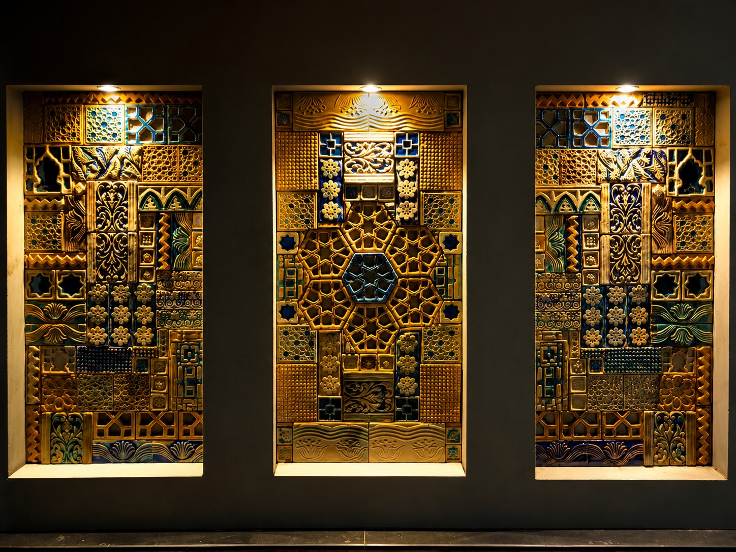 Gold & Blue Carved Islamic Triptych Wall Panels