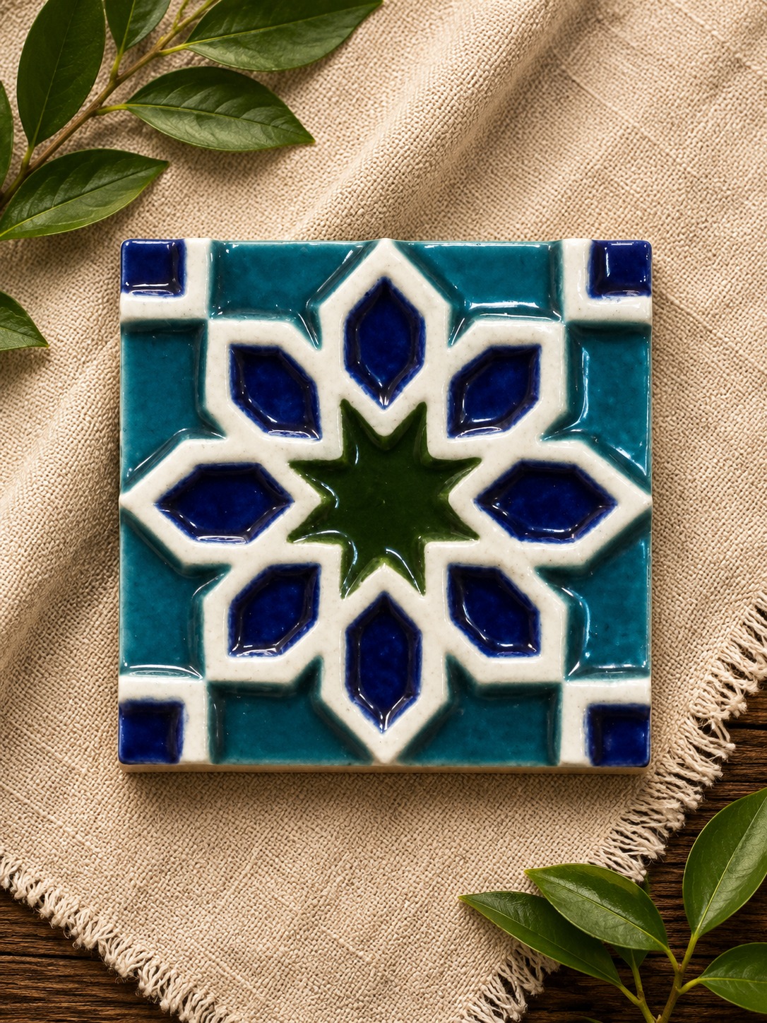 Teal & White Eight Point Star Tile