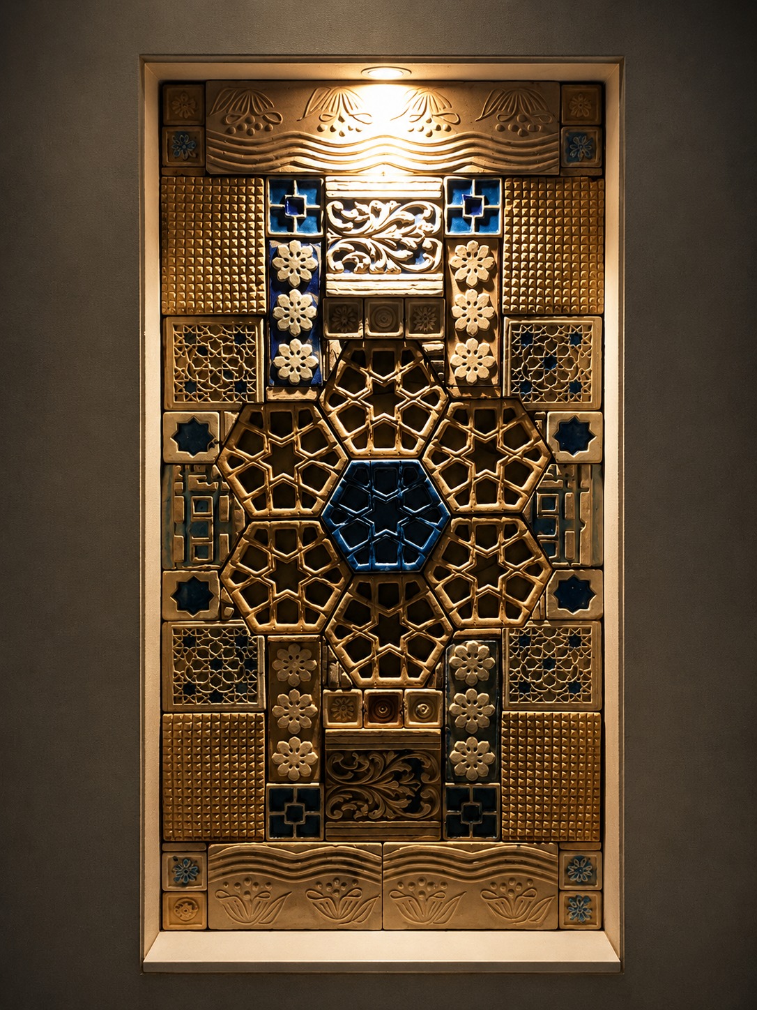 Gold & Blue Carved Geometric Mosaic Wall Niche