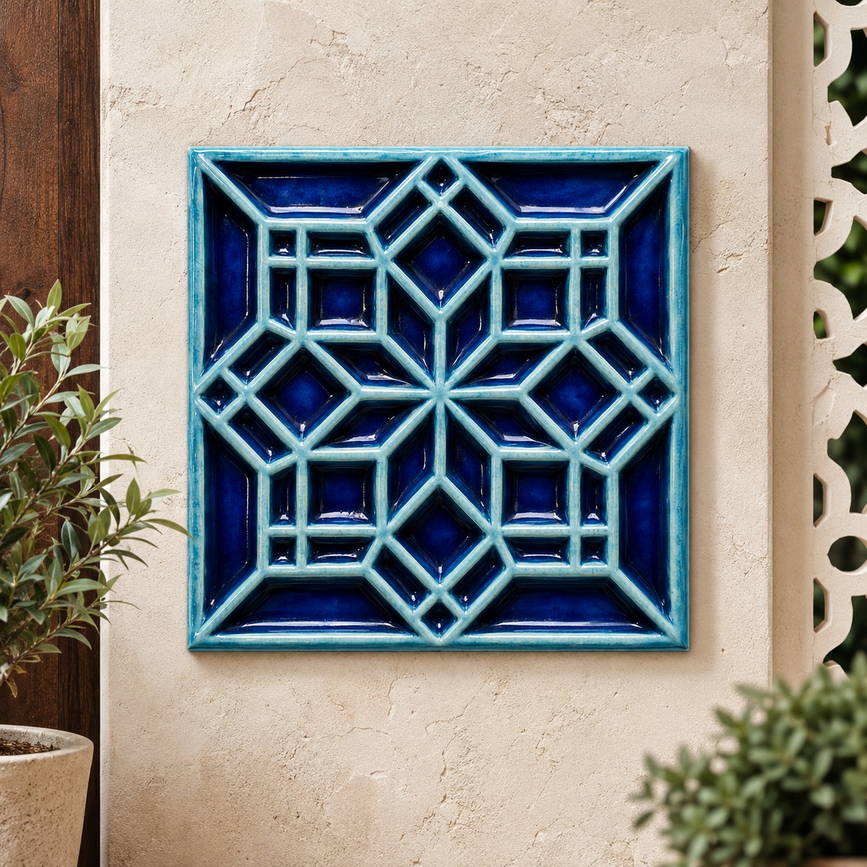 Multani Blue Geometric Star Lattice Wall Tile