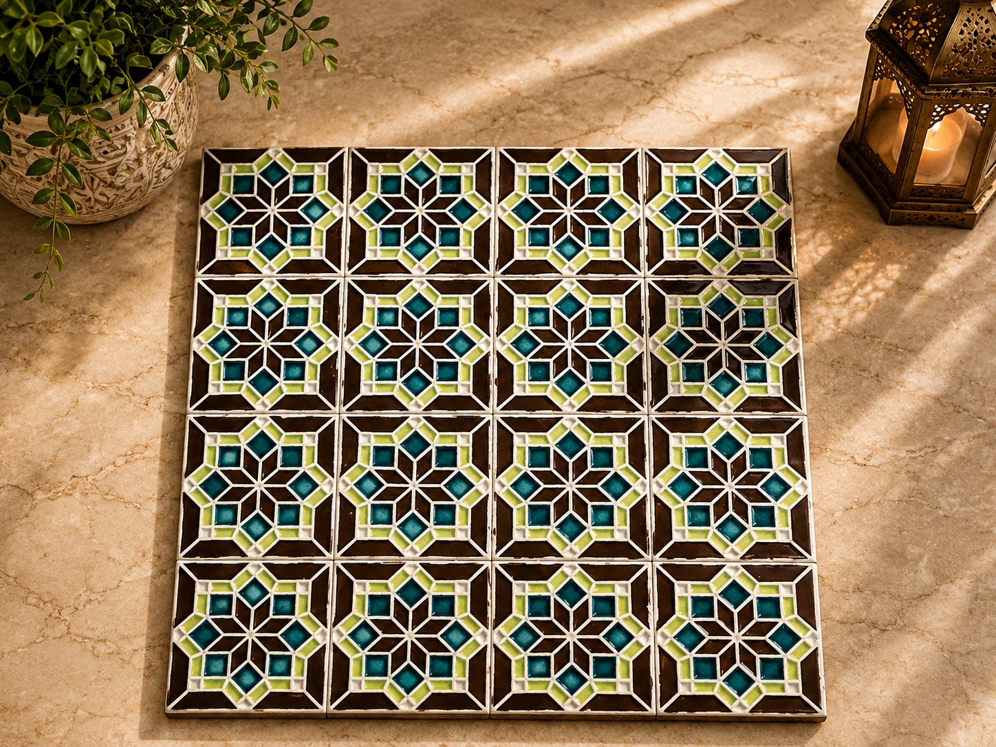 Brown & Teal Geometric Star Tile Panel