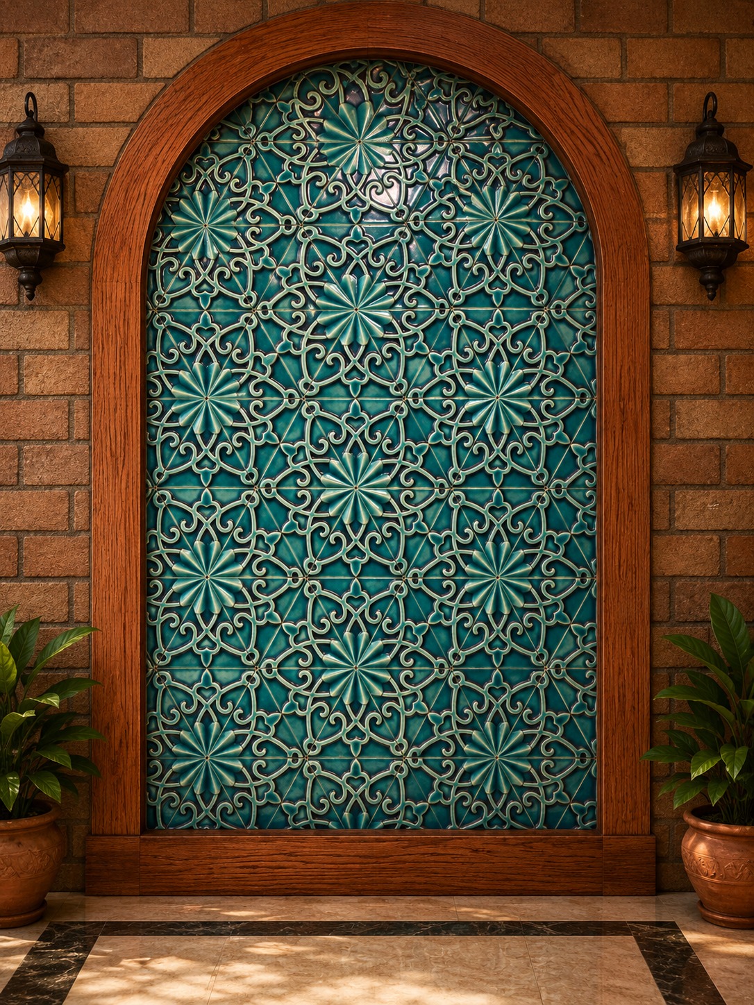 Turquoise Floral Lattice Arched Mosaic Wall Panel